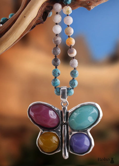 Boho Necklace, RH Crystal Butterfly Blue Natural Stone
